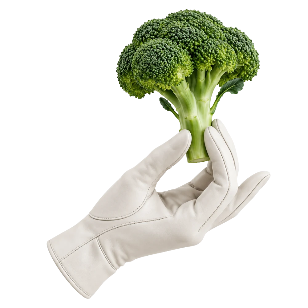 A gloved hand holding a broccoli floret