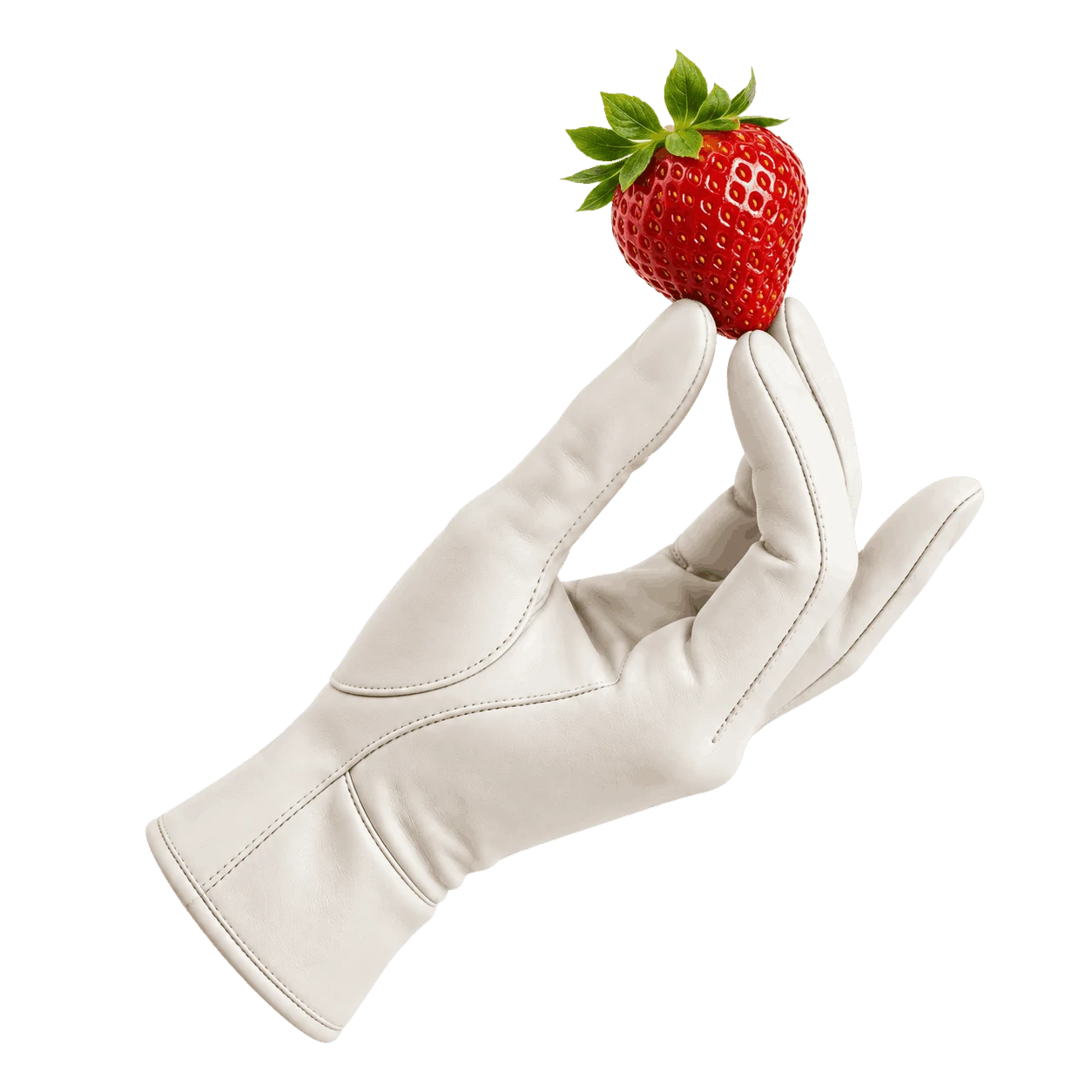 White gloves holding a strawberry